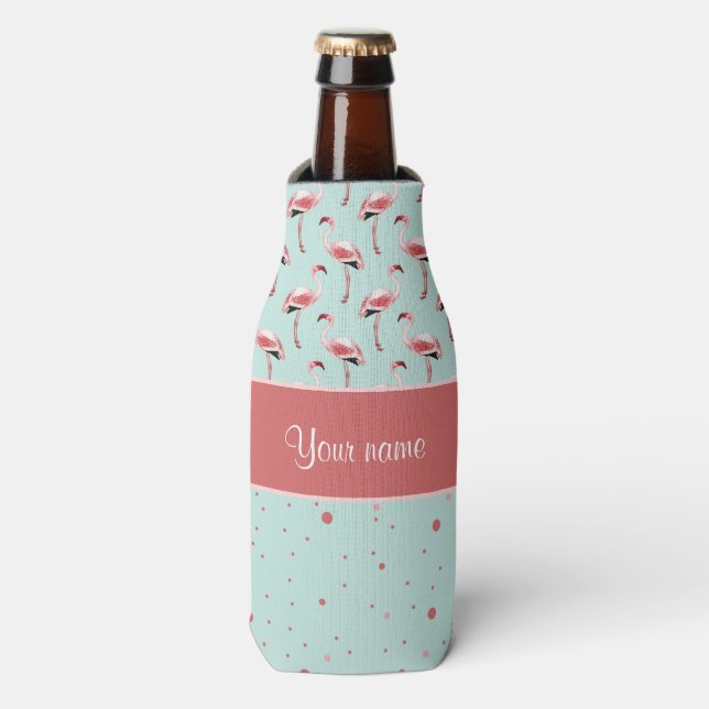 Personalized Pink Flamingos Polka Dots Bottle Cooler (Bottle Front)