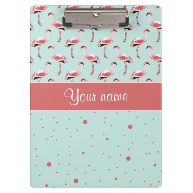 Personalized Pink Flamingos Polka Dots Clipboard (Front)