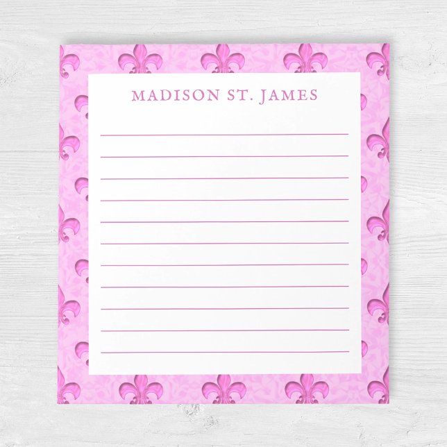 Personalized Pink Fleur De Lis Pattern Lined Notepad (Creator Uploaded)
