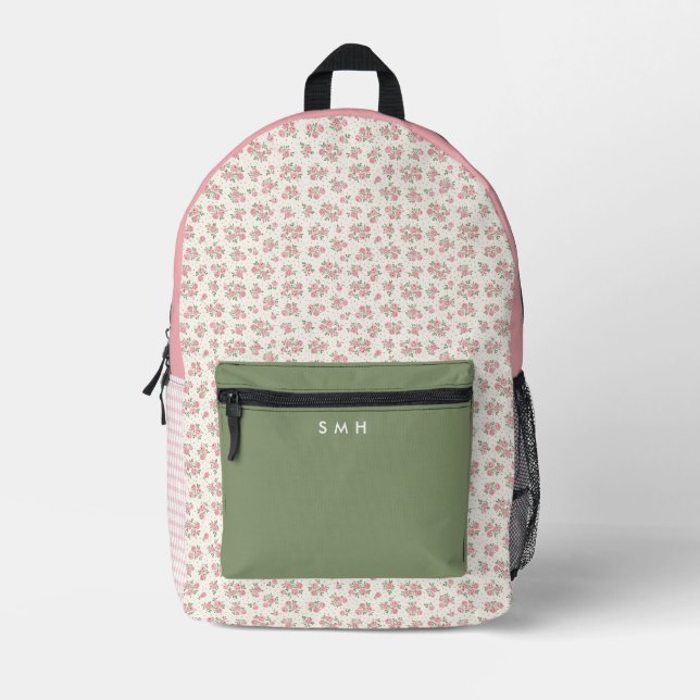 Personalized Pink Floral and Gingham Backpack (Front)