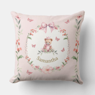 Personalized Pink Floral and Teddy Bear Hugs Throw Pillow
