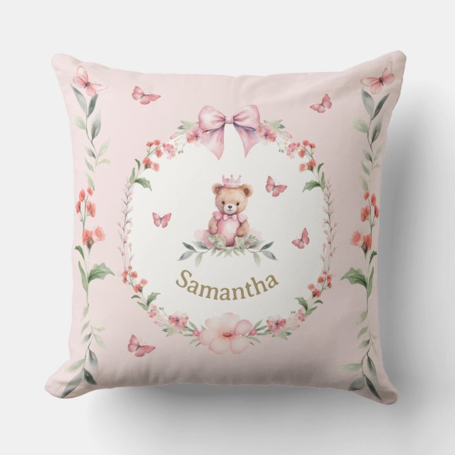 Personalized Pink Floral and Teddy Bear Hugs  Throw Pillow (Front)