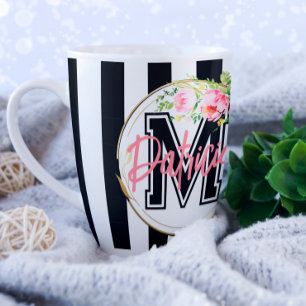 Personalized Pink Floral B&W Striped Name Monogram Coffee Mug
