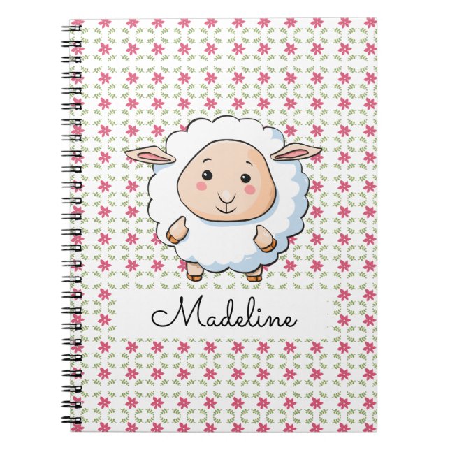 Personalized Pink Floral Baby Sheep Notebook (Front)