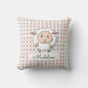 Personalized Pink Floral Baby Sheep Throw Pillow