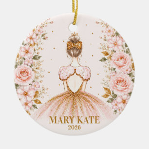 Personalized Pink Floral Ballerina Christmas Ceramic Ornament