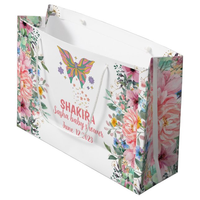Personalized, pink floral ,butterfly baby shower large gift bag (Front Angled)