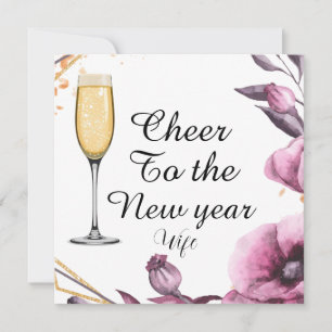 Personalized pink floral champagne glass typograph holiday card