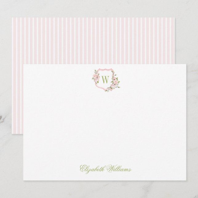Personalized Pink Floral Crest Baby Stationery Thank You Card (Front/Back)