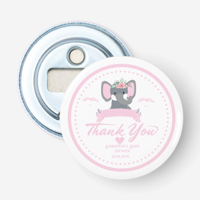 Personalized Pink floral cute Elephant Baby Shower Bottle Opener (Front)
