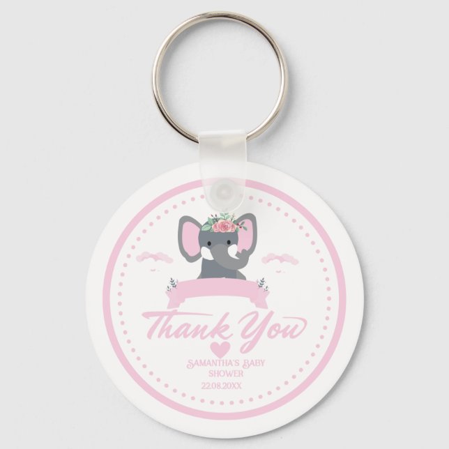 Personalized Pink floral cute Elephant Baby Shower Keychain (Front)