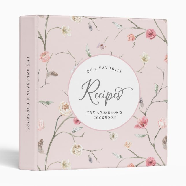 Personalized pink floral elegant recipe binders (Front/Spine)