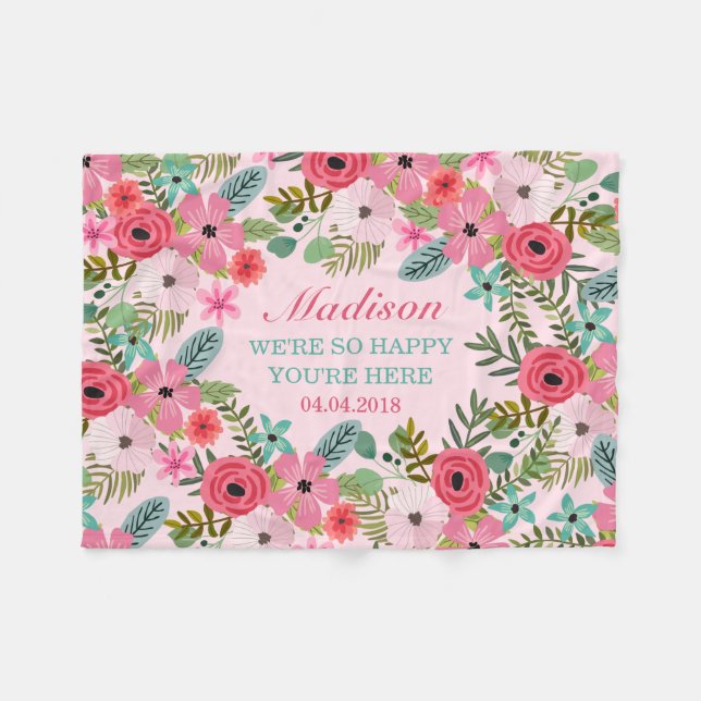 Personalized pink floral fleece baby blanket (Front (Horizontal))