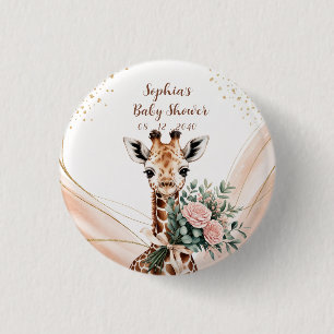 Personalized Pink Floral Giraffe Baby Shower Butto 1 Inch Round Button