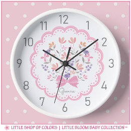 Personalized Pink Floral Girls Nursery Wall Clock