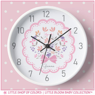 Personalized Pink Floral Girls Nursery Wall Clock