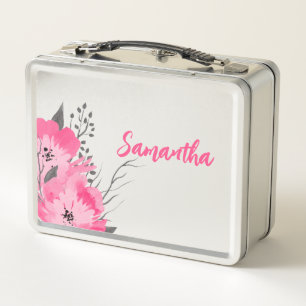 Personalized Pink Floral Metal Lunch Box