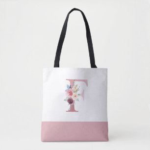 Personalized Pink Floral Monogram Letter F Tote Bag