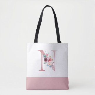 Personalized Pink Floral Monogram Letter N Tote Bag