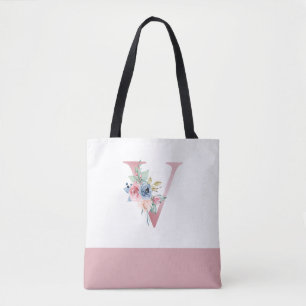 Personalized Pink Floral Monogram Letter V Tote Bag