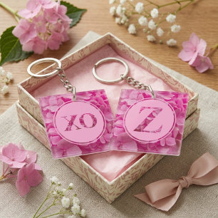 Personalized Pink Floral Monogram Letter Z and XO Keychain