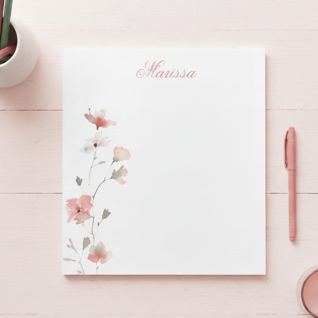 Personalized Pink Floral Notepad (coral blush pink wildflower notepad with custom name monogram in elegant calligraphy script)