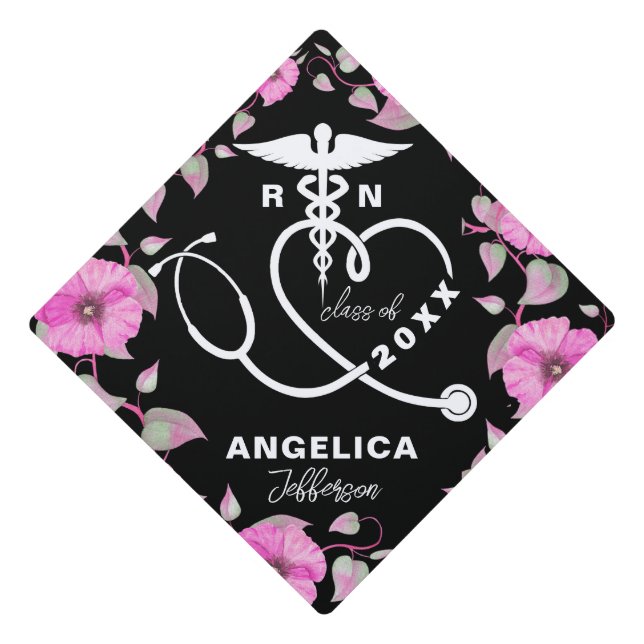 Personalized Pink Floral Nursing School RN Graduation Cap Topper (Front)
