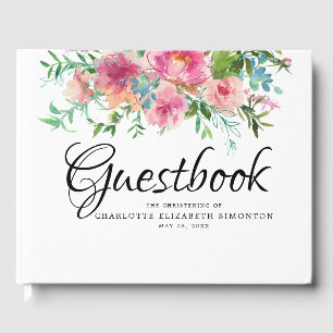 Personalized Pink Floral Peony Christening Guest Book