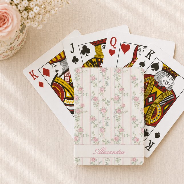Personalized Pink Floral Playing Cards (elegant girly grandmillennial coquette pink rose floral playing cards with custom name monogram)