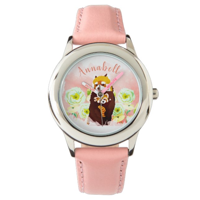 Personalized Pink Floral Red Panda Kid's Watch (Front)