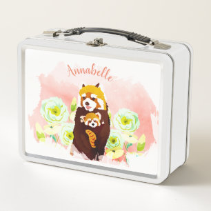 Personalized Pink Floral Red Panda Lunch Box