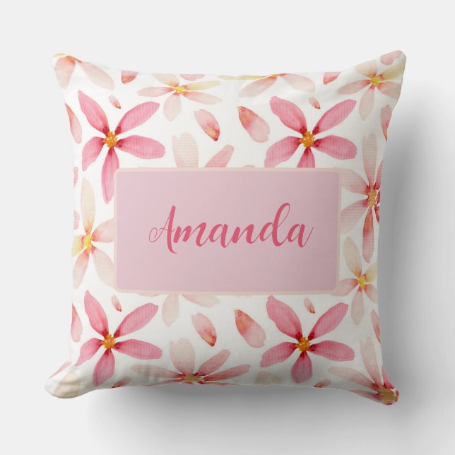 Personalized Pink Floral Throw Pillow (Front)
