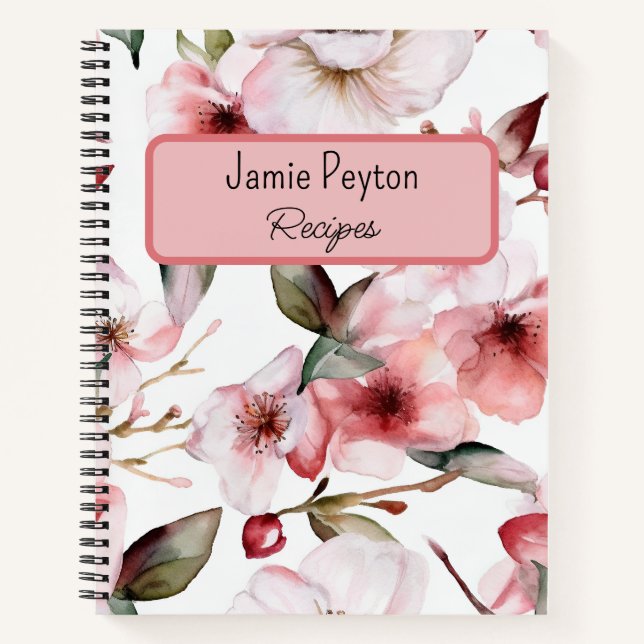 Personalized Pink Floral Watercolor Recipe Book (Front)