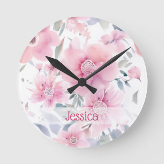 Personalized Pink Floral Watercolor Round Clock