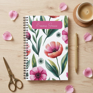 Personalized Pink Floral Watercolor Spiral Planner