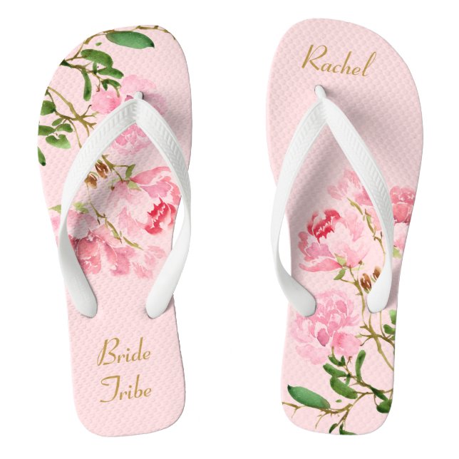 Personalized Pink Floral Wedding Bride Tribe Flip  Flops (Footbed)