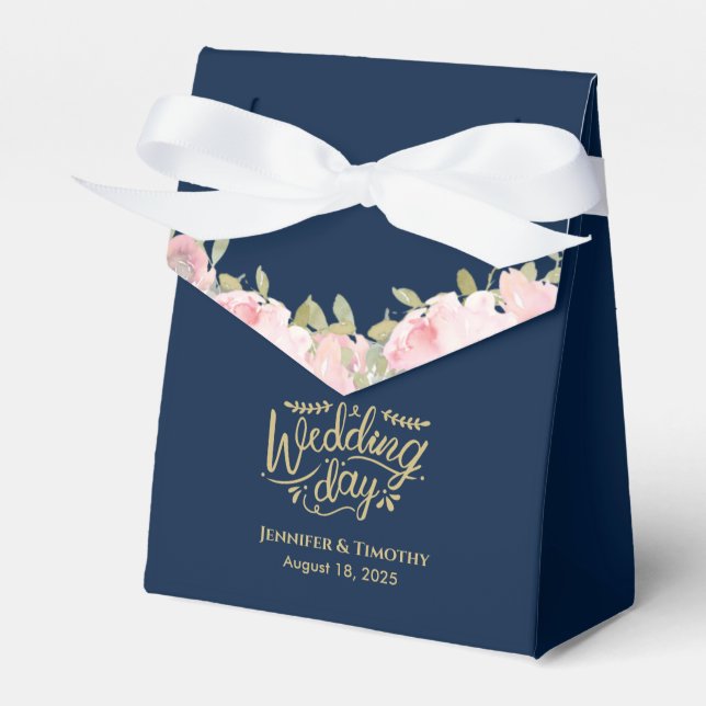 Personalized Pink Floral Wedding Day Navy Blue   Favor Box (Front Side)