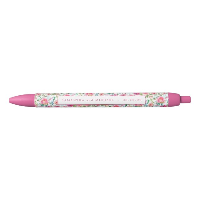 Personalized Pink Floral Wedding Favour Black Ink Pen (Front)