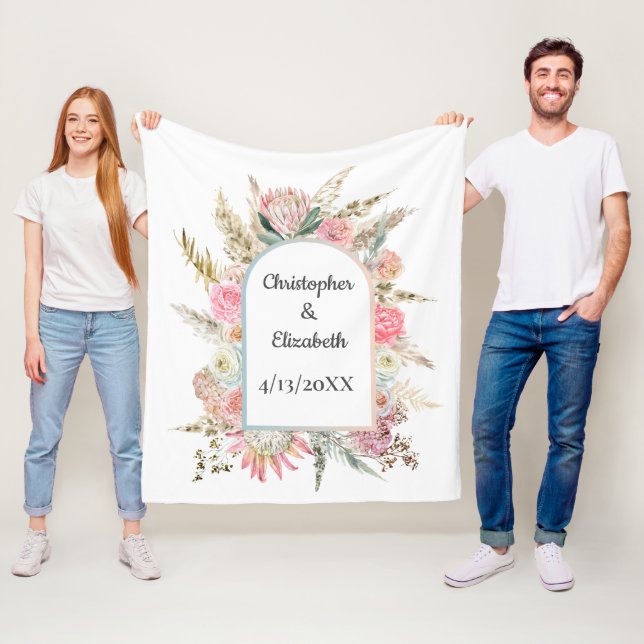  Personalized Pink Floral Wedding Names Dates  Fleece Blanket (In Situ)