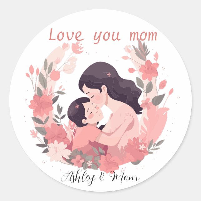 Personalized pink floral wreath mothers day  classic round sticker (Front)