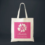 Personalized pink flower girl wedding tote bags<br><div class="desc">Personalized pink flower girl wedding tote bags. Cute totes for flowergirls at wedding or bridal shower. Elegant script typography design with tropical hawaiian Hibiscus floral print. Personalizable for brides entourage; bridesmaids, maid of honour, matron of honour, mother of the bride etc. Classy idea for beach theme destination marriage in summer...</div>