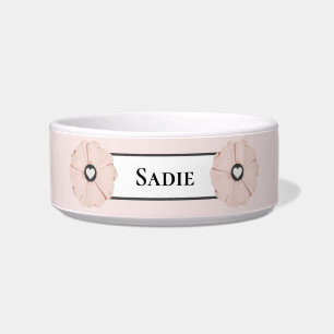 Personalized Pink Flower & Hearts Dog Bowl