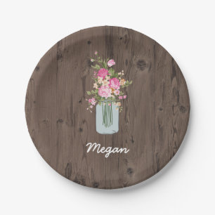Personalized Pink Flower Mason Jar on Dark Wood Paper Plate