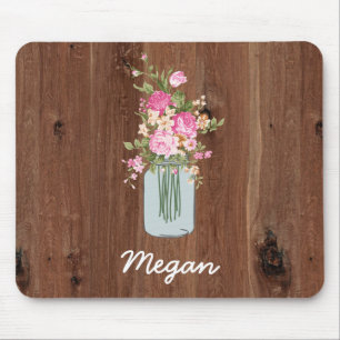 Personalized Pink Flower Mason Jar on Red Wood Mouse Pad