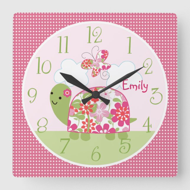 Personalized Pink Flower Turtle/Butterfly Clock (Front)