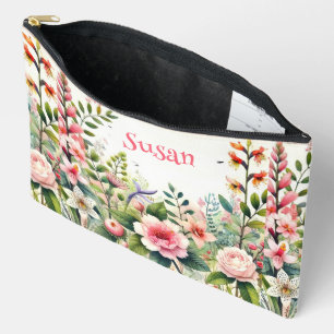 Personalized Pink Flowers Floral Cosmetic   Accessory Pouch