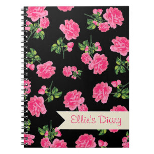Personalized Pink flowers & stylish black notebook