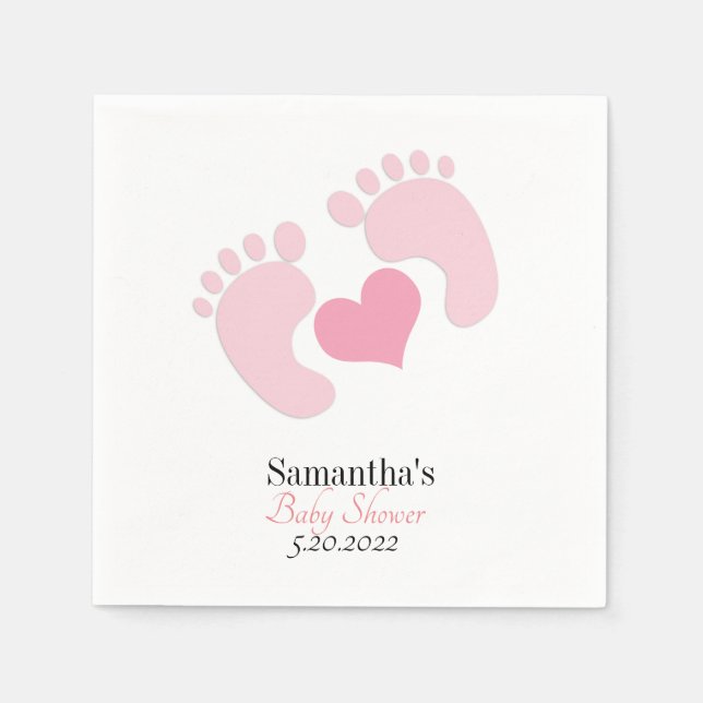 Personalized Pink Footprints Hearts Baby Shower Napkin (Front)