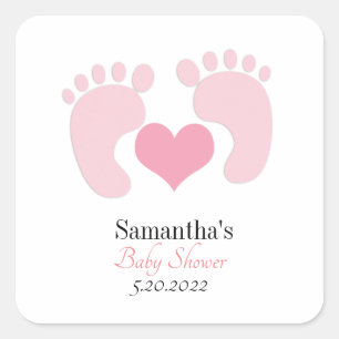 Personalized Pink Footprints Hearts Baby Shower Square Sticker