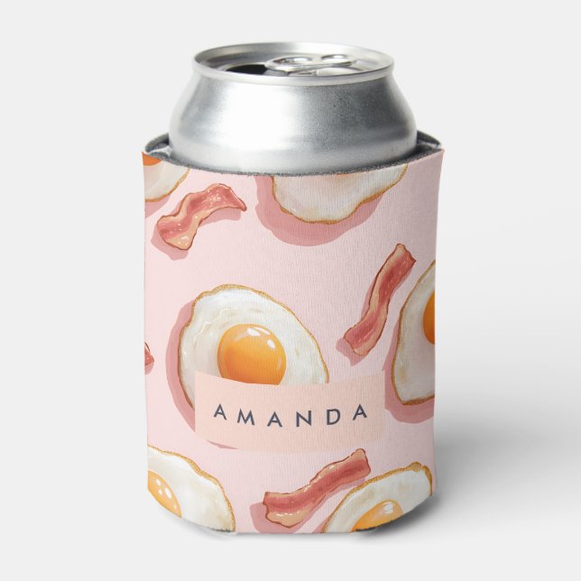 Personalized Pink Fried Eggs and Bacon Pattern Can Cooler (Can Front)